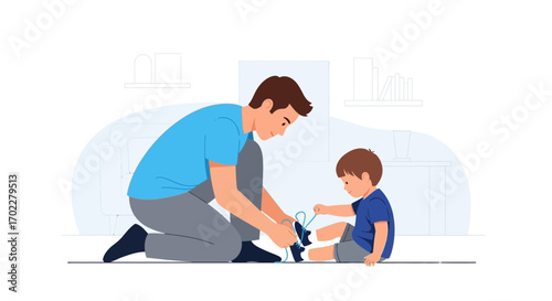 Father helping his son tying shoelaces illustrating care and family bonding
