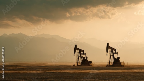 Oil pumps extracting crude oil from a vast dry field with hazy mountains backdrop