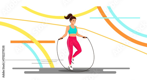 Female Athlete Jumping Rope For Fitness And Health With Colorful Abstract Background