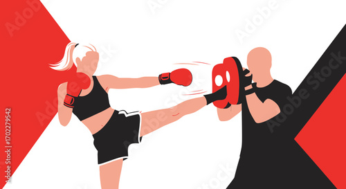 Female athlete practicing kickboxing with a trainer during a workout session