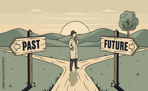 Man Contemplating Choices at Crossroads of Past and Future
