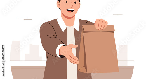 Delivery Man with a Brown Paper Bag Offering a Service Vector Illustration Concept