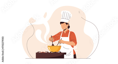 Female Chef Creatively Cooking Delicious Food Using Kitchen Utensils And Cooking Stove