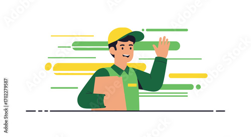 Delivery man with package waving hello, illustration of a messenger with a parcel