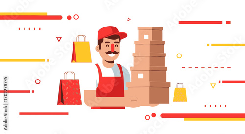 Delivery Person With Packages And Shopping Bags: A Modern Colorful Vector Illustration