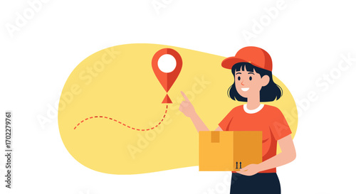 Delivery person pointing to the destination of the package for shipping service