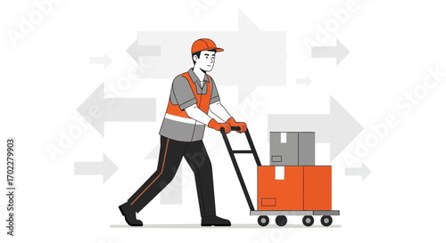 Delivery worker transporting boxes with a hand truck against a backdrop of arrows