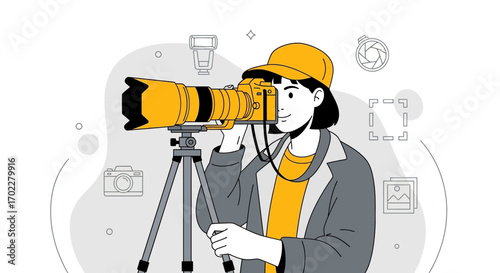 Female Photographer Captures Moments Using Professional Camera On Tripod For Creative Projects