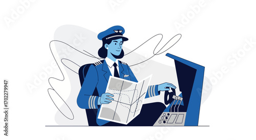 Female Pilot Navigating Aircraft with A Map and Flight Controls Illustration