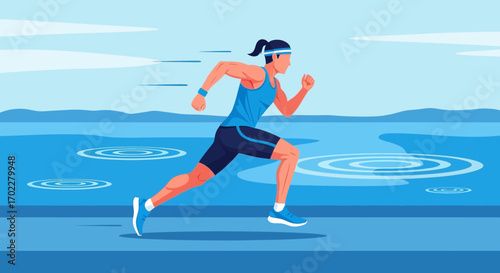 Determined Athlete Runs In Waterscape, Embracing Movement, And Achieving Fitness Goals
