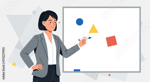 Female Presenter Illustrates Geometric Shapes on a Whiteboard for Educational Purposes