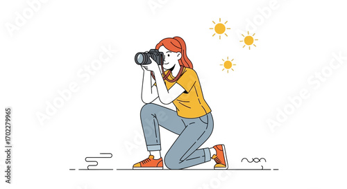Female Photographer Capturing Moment With Camera While Kneeling Under Sunny Sky