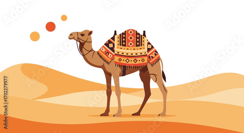 Desert Camel With Ornate Saddle Amidst Sands Under Circular Celestial Embellishments