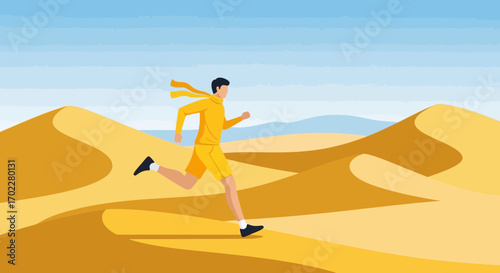 Figure Races Across The Sandy Terrain Of The Arid And Expansive Desert At Sunrise