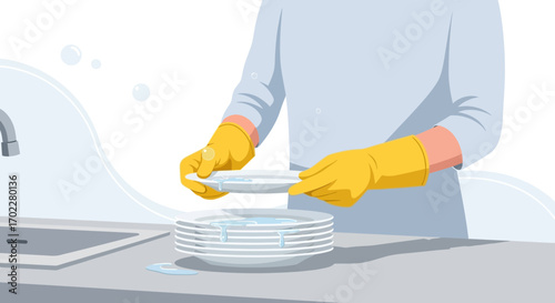 Dish Washing Illustration: A Minimalist Depiction Of Kitchen Tasks in a Simple Scene