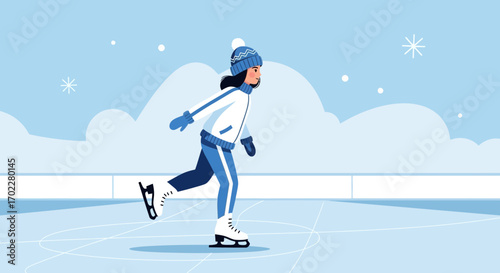 Figure Skater Gracefully Gliding Across The Ice Surface During A Snowy Winter Day