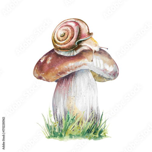 Snail on boletus mushroom on grass lawn hand drawn watercolor illustration isolated on white. Bright fairytale clip art for forest, summer, garden, children's design, postcards, books, invitations
