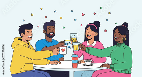 Diverse Group Cheers Together, Sharing Beverages and Joyful Moments in a Social Gathering