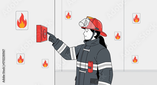 Firefighter Activating Alarm System To Alert Of A Dangerous Fire In An Emergency Situation