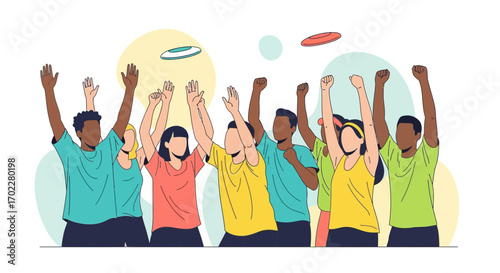 Diverse group of people celebrating and playing frisbee in a playful illustration