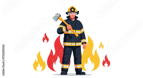 Firefighter standing in front of fire with axe ready to save lives and perform duties