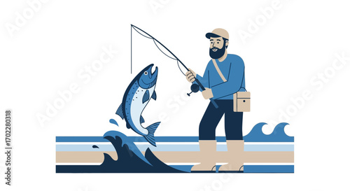 Fisherman catches Jumping Fish in Artistic Illustration against a White Background