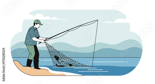 Fisherman catching fish with a net in the sea during the day in a flat design
