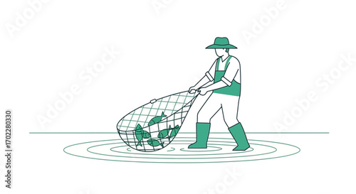 Fisherman Collecting Fish in a Net Depicting Fishing Activities and Abundance in Water