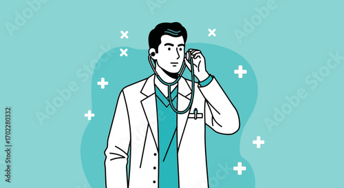 Doctor with a stethoscope on a vibrant blue background with medical icons displayed around