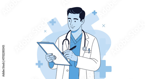 Doctor with clipboard and pen in a medical illustration for healthcare concept, vector art
