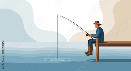 Fisherman Enjoying Serene Time on Dock, Casting Rod into Calm Waters at Sunset