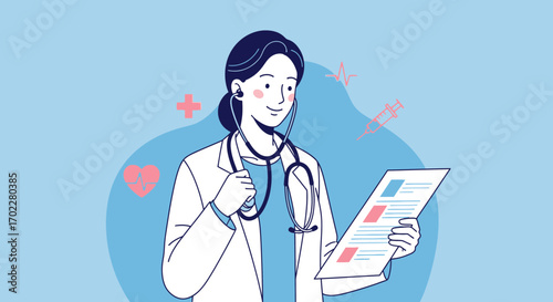 Doctor with stethoscope examining medical report health care concept illustration