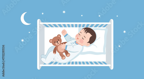 Dreamy Baby Boy Sleeping Comfortably With Teddy Bear In A Crib Under The Stars