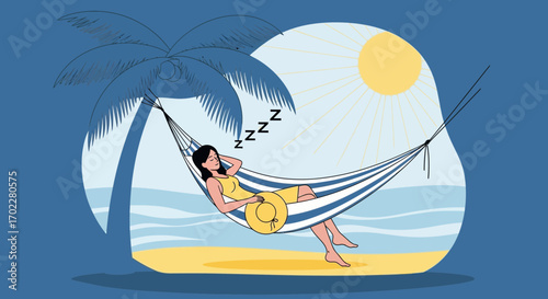 Dreamy Beach Nap Under Tropical Palm, Girl Napping in The Hammock at The Vacation