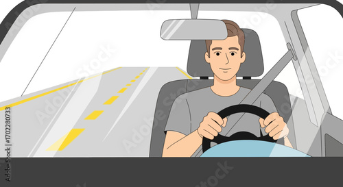 Driver At The Wheel, A Young Person On The Road, Ready For The Journey Ahead