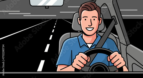 Driver Smiling at the Wheel of a Car Traveling on a Road During a Dark Night Drive