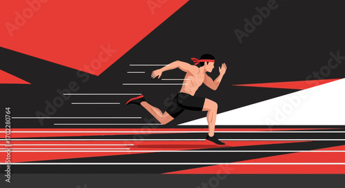 Dynamic Athlete Sprinting Boldly Across Abstract Geometric Track and Field Design