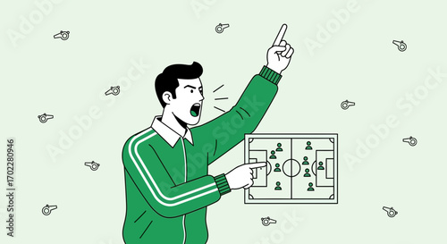 Football Coach Instructing Players and Showing Tactics on a Football Pitch Diagram