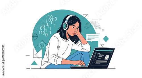 Focused Young Woman Coding On Laptop With Headphones, Binary Code And A Modern Tech Style