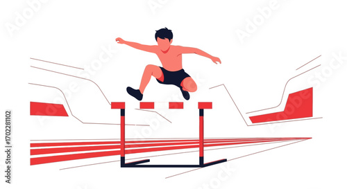 Dynamic Runner Leaping Hurdles Against Abstract Background Depicting Speed.
