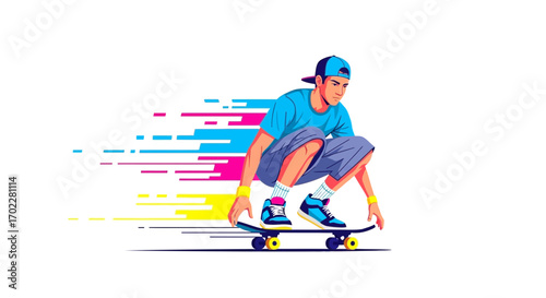 Dynamic Skateboarder Demonstrating Agility and Speed with Abstract Color Trails