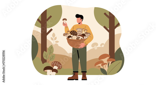 Forager In The Woods, Presenting a Basket of Harvested Delicious Wild Mushrooms