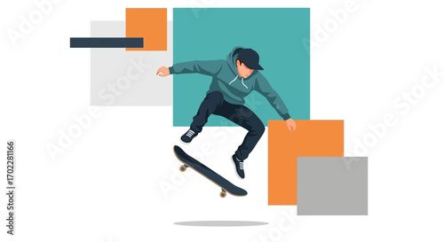 Dynamic Skateboarder Executing An Aerial Trick, Set Against Colorful Geometric Shapes