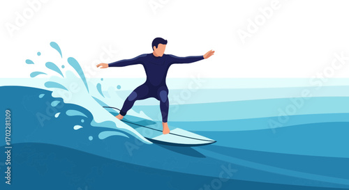 Dynamic Surfer Skillfully Riding Majestic Ocean Wave Under Clear Sky And Sunlight