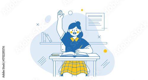 Eager Young Student Raising Hand In Classroom, Seeking Knowledge or Answering