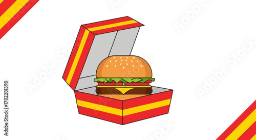 Freshly Made Gourmet Burger in Its Distinctive Box Ready to Savor and Relish Every Bite
