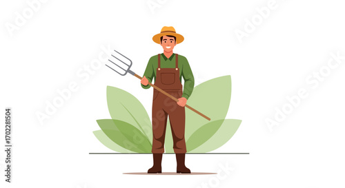 Friendly Farmer With Hayfork Standing In Front Of Green Leaves Illustration