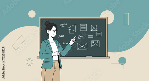 Educator Demonstrating On A Chalkboard Presenting Diagrams And Illustrative Concepts