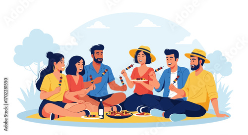Friends enjoying a barbecue and picnic in the park during the summer season