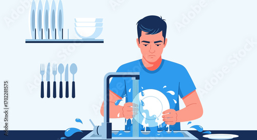 Frustrated Person Washing Dishes in a Kitchen Sink, Cleaning Plates Daily Routine